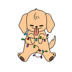 A cartoon dog is sitting on a bed with Christmas lights around it