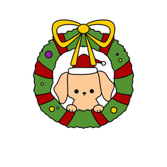 A dog is sitting in a wreath with a red and green ribbon