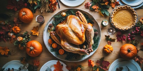 A Thanksgiving dinner spread featuring roasted turkey seasoned with herbs and spices, complemented by homemade pumpkin pie, all beautifully arranged on a wooden table.