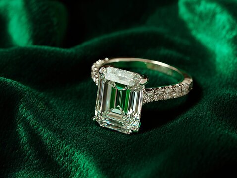 An emerald cut diamond ring on a green velvet background