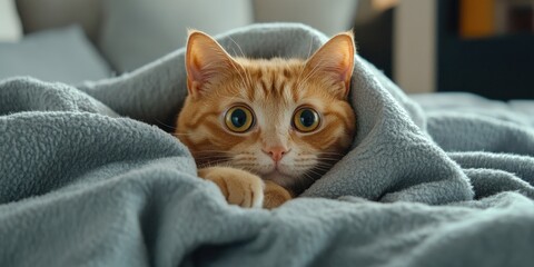 A surprised ginger cat rests on a blanket at home. This scene represents life in quarantine, aimed at controlling virus spread and reducing inflammation. Space for text.