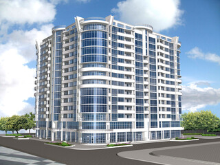 High-rise residential building. 3D graphics, architectural project. Modern architecture. Light beautiful building.