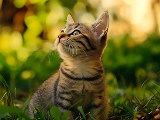 Naklejka premium A small kitten sitting in the grass looking up at something