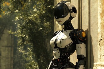 A female robot stands against a weathered wall, bathed in warm sunlight.