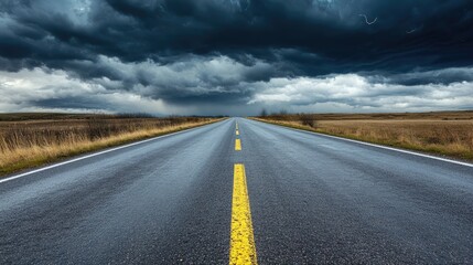 Naklejka premium An empty road stretches toward the horizon, framed by dramatic thunderstorms forming clouds and lighting above, creating a captivating scene perfect for landscapes.