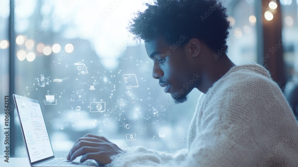 Poster young black software developer working on a laptop while managing a social media marketing campaign 