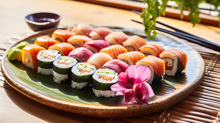 Japanese sushi variety with orchid decoration