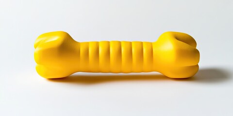 A yellow hand grip is positioned on a white surface. The yellow hand gripper lies on top of the clean white backdrop, showcasing its vibrant color against the contrast.