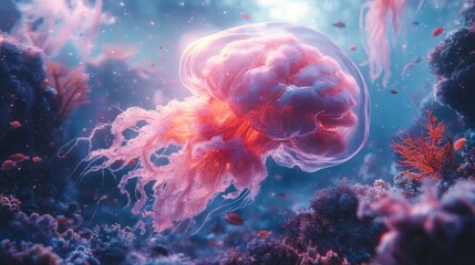 Obraz premium A luminous pink jellyfish floats gracefully through a vibrant coral reef.
