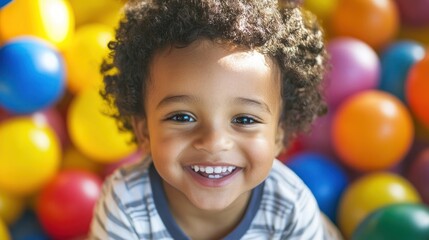 Young Boy Smiling with Curly Hair Surrounded by Colorful Balls