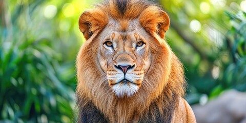 Fototapeta premium Chinese Lion, Asian Lion, scientifically known as Panthera Leo. An impressive lion face showcasing a powerful expression, embodying an elegant lion concept.