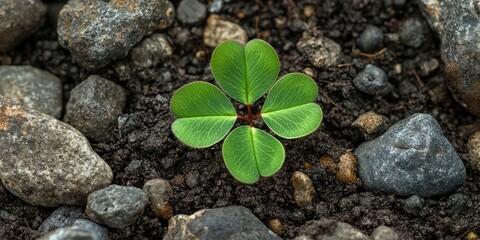 A four leaf clover is breaking through damp soil and stones as spring arrives, showcasing its vibrant green leaves amidst the earthy surroundings.