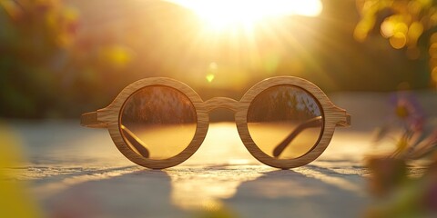 Wooden eyewear rests on the ground, illuminated by a bright, sunny backdrop, creating a cheerful and warm ambiance around the glasses.