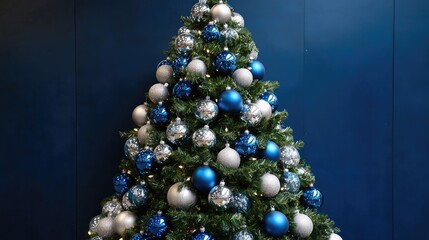 Decorative Christmas tree adorned with silver and blue balls, creating a festive atmosphere perfect for holiday celebrations. Captivating photo of a Christmas tree with space for text.