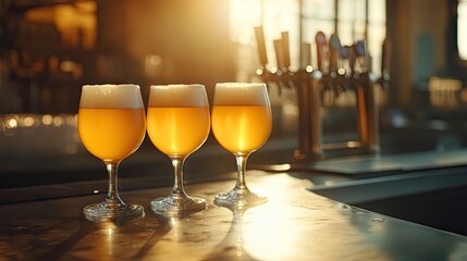 Three glasses of golden fresh beer topped with foam are positioned on a sunlit bar counter, reflecting the vibrant ambiance. The golden beer creates a warm atmosphere with a touch of freshness.