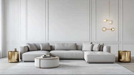 Modern Living Room with Gray Sectional Sofa and Gold Accents