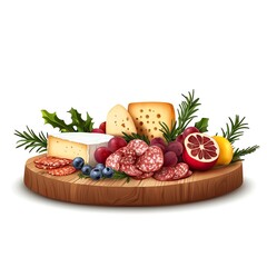 A delicious assortment of cheeses, salami, fruits, and herbs arranged beautifully on a wooden platter.