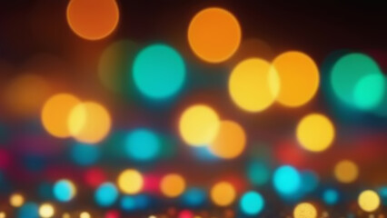 Obraz premium Multicolored blue yellow lights background. Festive holiday night bokeh lights abstract dark background banner. Blurry, defocused.