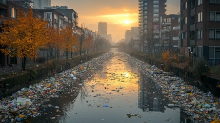 Littered Riverbank at Sunset with Urban Background