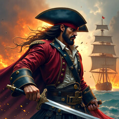 Fierce pirate captain, burning ships in the background,  dramatic pose, high detail fantasy illustration