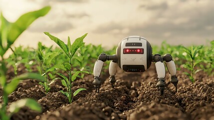 Robot working in a field of crops, showcasing agricultural innovation.