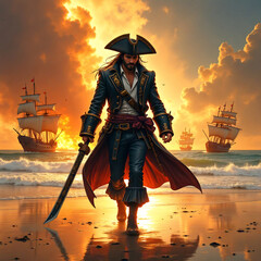 Fierce pirate captain walks on a golden shore, ships sail in the sunset,  high detail fantasy illustration