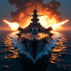 Futuristic battle cruiser sailing forward, , gun batteries and cannons are firing at the enemy, explosions in the background
