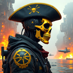 Robot pirate captain with a gold plated armor and decorated hat, futuristic city in battle, high detail fantasy sci-fi illustration