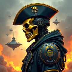 Robot pirate captain with a gold plated armor and decorated hat, flying ships in the background, high detail fantasy sci-fi illustration