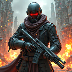 Obraz premium Cyberpunk soldier in a collapsing cityscape, high detail fantasy sci-fi illustration