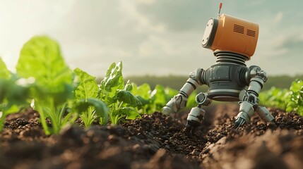 Robot tending to plants in a field under clear sky, showcasing advanced agriculture.
