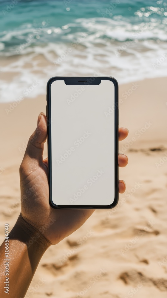 Poster hand holding a smartphone with a blank white screen, perfect for showcasing apps or websites, agains