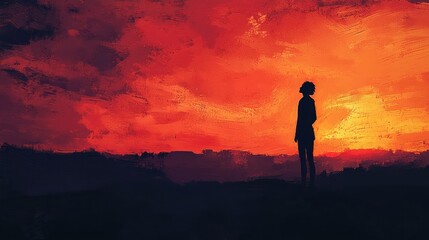 an illustration of a person or an object silhouetted against a vibrant sunset. 