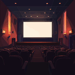 Obraz premium Cinema auditorium with seats and blank screen vector illustration. 