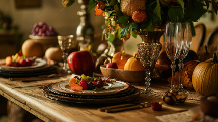 Naklejka premium Autumn holiday tablescape and table decor, autumnal table setting with flowers and pumpkins, formal dinner event celebration party, beautiful cutlery, tableware and pumpkin decoration idea