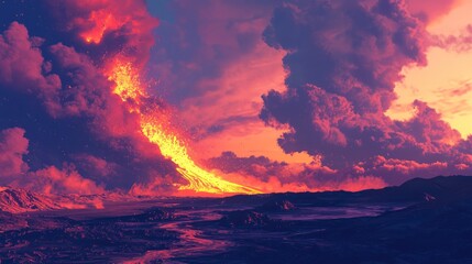 Obraz premium an illustration of a volcano erupting at dusk, with vibrant lava flows illuminating the darkening sky and ash clouds billowing into the air. 