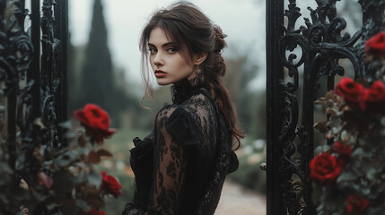 Elegant gothic woman in a Victorian black dress standing before wrought iron gates, dark red roses around
