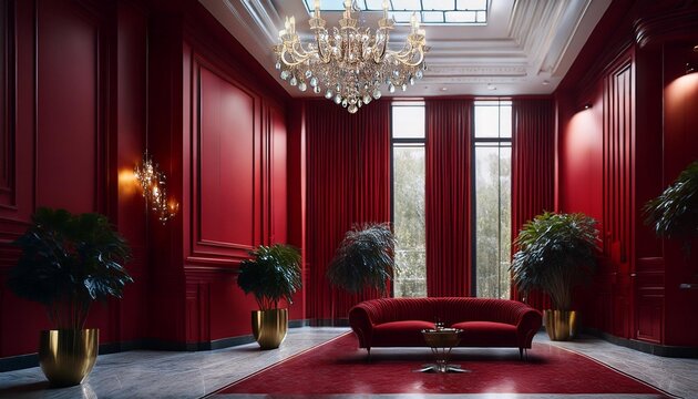 オンラインミーティング用背景 テレビ会議 背景用 CG 豪華なホテルのロビー 赤い壁の部屋 大邸宅 ホール 宮殿 video conferencing background for using in video conference and as a zoom background.