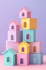 Real Estate Investment Growth Concept with 3D Stack of Colorful Geometric Blocks and House Icons