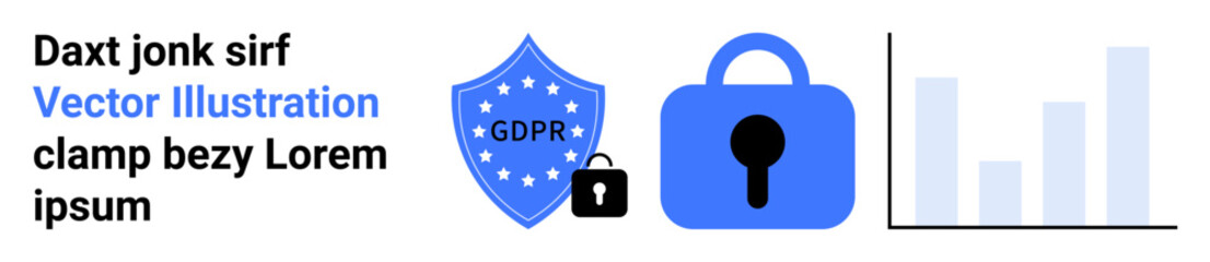 GDPR shield with stars, padlock, blue security lock, and bar chart for data security visualization. Ideal for IT security, data protection, compliance, privacy policies, digital security, online