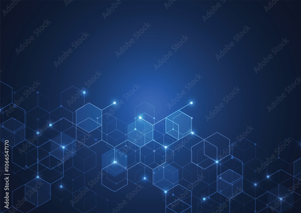 Poster abstract technology blue hexagons pattern background for network connection concept with mesh dots a