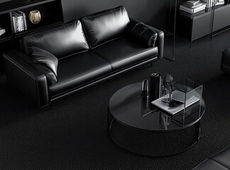 Naklejka premium Elegant black leather sofa and glass coffee table in a sleek living space.