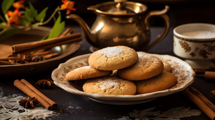 Spiced tea cookies with vintage teapot
