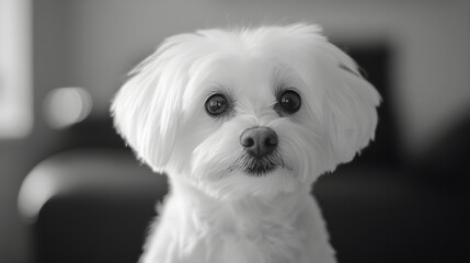 small white dog with expressive eyes, looking curiously at camera