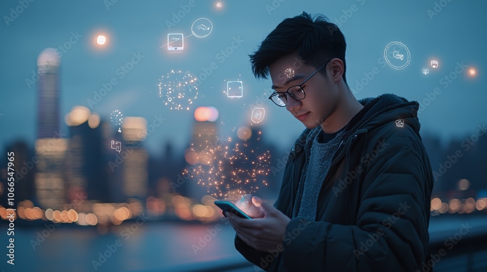 Aufkleber man using smartphone with futuristic social media icons against urban skyline at dusk, showing mobil