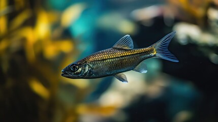 A Small Black and Gold Fish Swimming in a Murky Green and Yellow Aquatic Environment