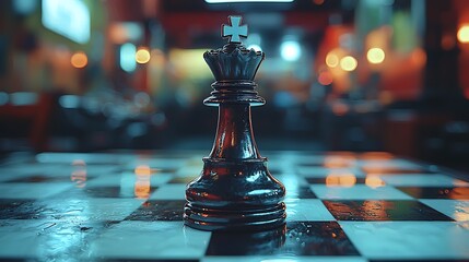 Chess Piece Standing Tall on Board with Bokeh Background