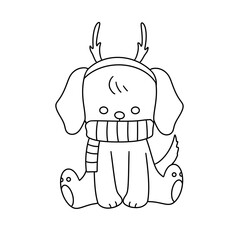 A dog is wearing a reindeer hat and scarf