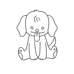 A dog is sitting on the ground with its tongue out