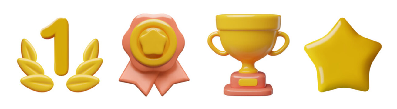 Awards and prizes 3d vector icons collection including a winner medal, a gold trophy, number one in laurel wreath and a star. 